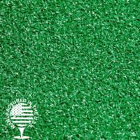 A close up shot of artificial turf that is bright green with a made in the usa logo